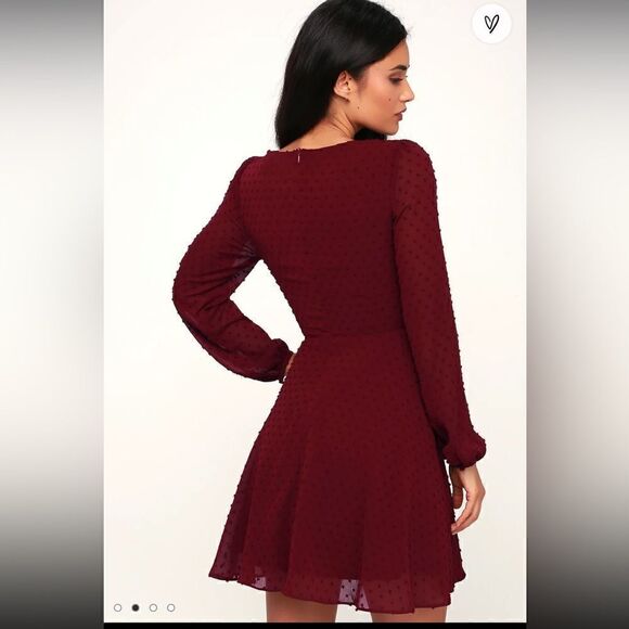 Lulus Wine and Dine Burgundy Swiss Dot Long Sleeve Skater Dress - Picture 2 of 14